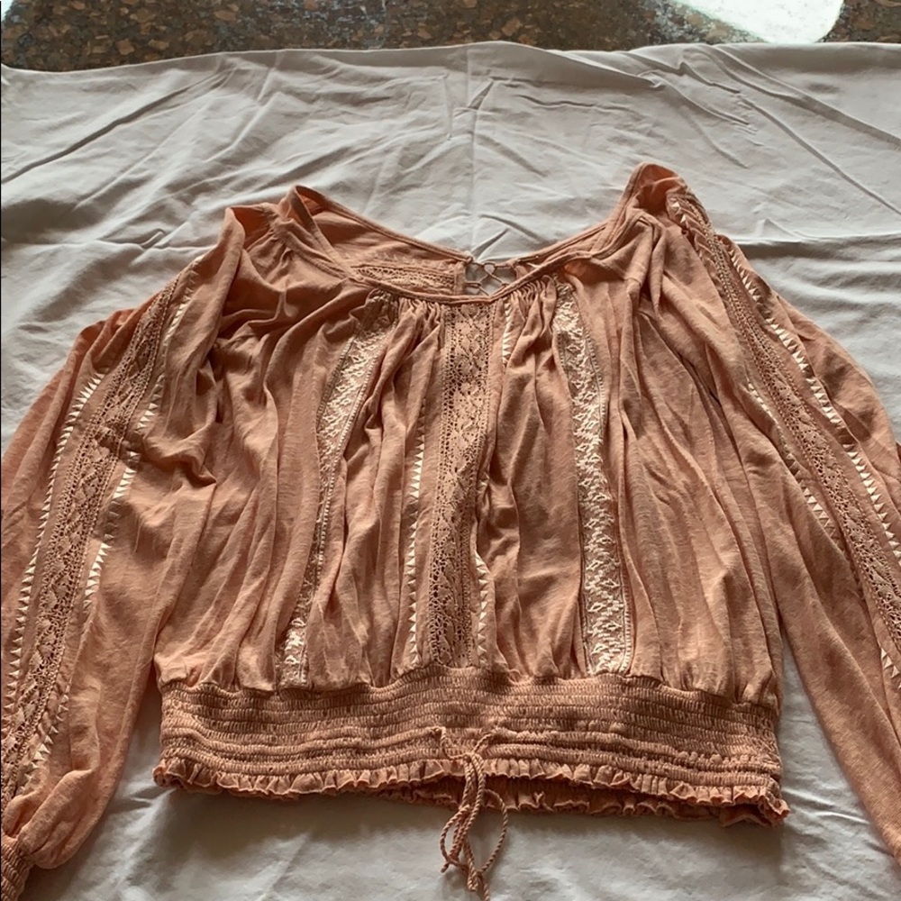 Free People Light Pink Tie back with Lace Blouse